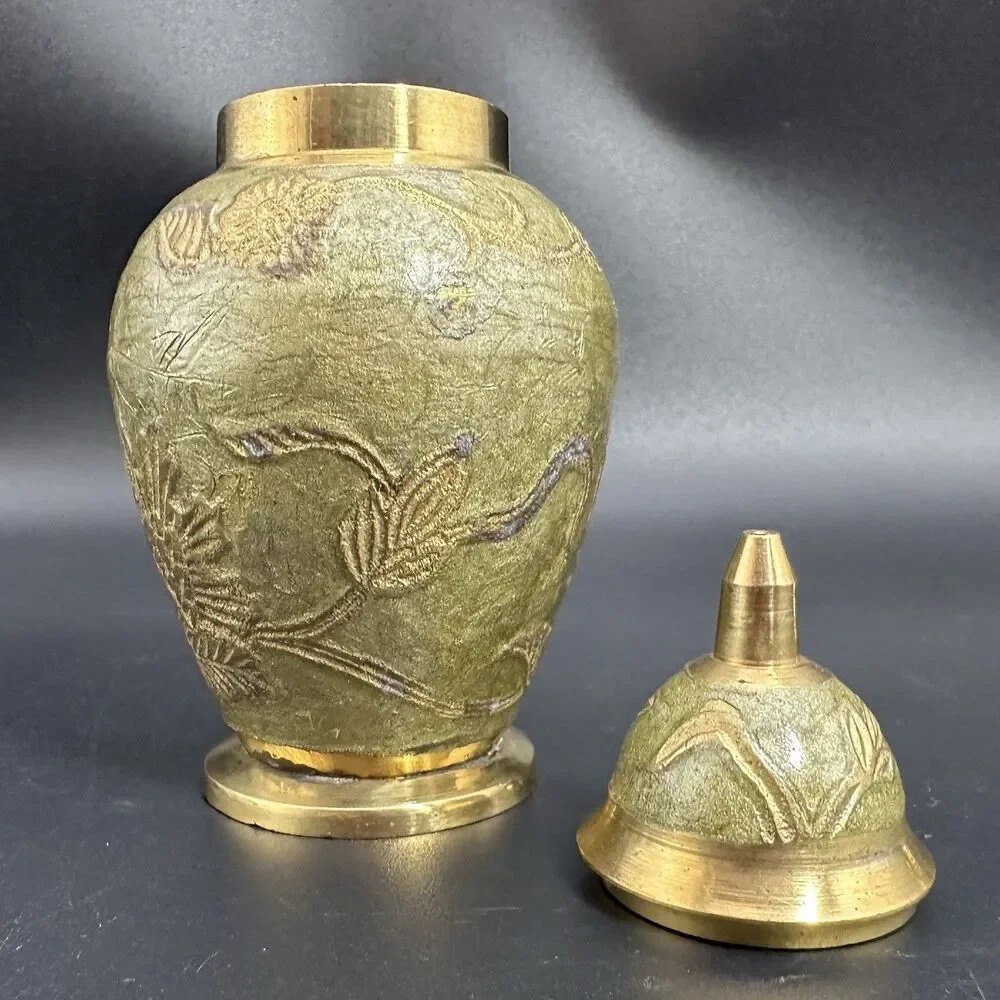 Vintage Anglo Indian Brass Decor Set Sage Green Enamel Pitcher & Lidded Jar